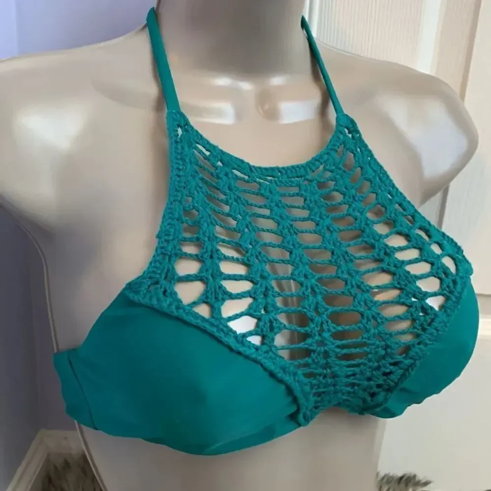 Designer crochet teal sea blue Swimsuit Top Bra Swimwear XS